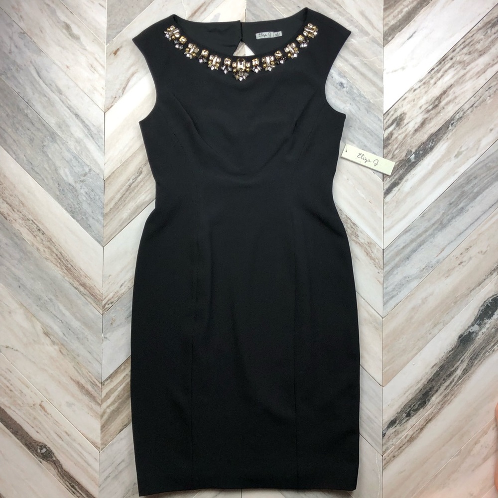 Eliza J Black Midi Dress with Embellished Neckline
